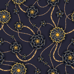 Foto auf Acrylglas Blumen- und Juwelenmuster Nahtloser Hintergrund der abstrakten goldenen und schwarzen Blumen und der Ketten.  © rea_molko