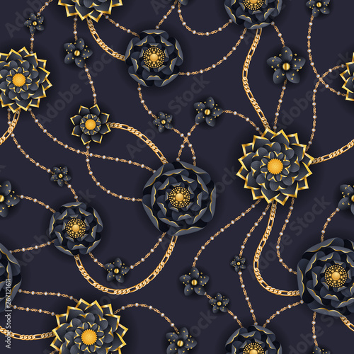 Abstract golden and black flowers and chains seamless background.