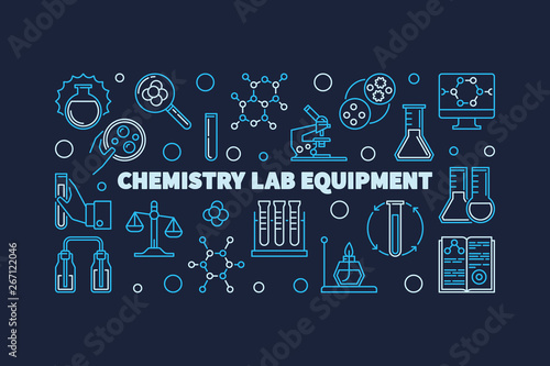 Chemistry Lab Equipment vector concept horizontal linear illustration on dark background 