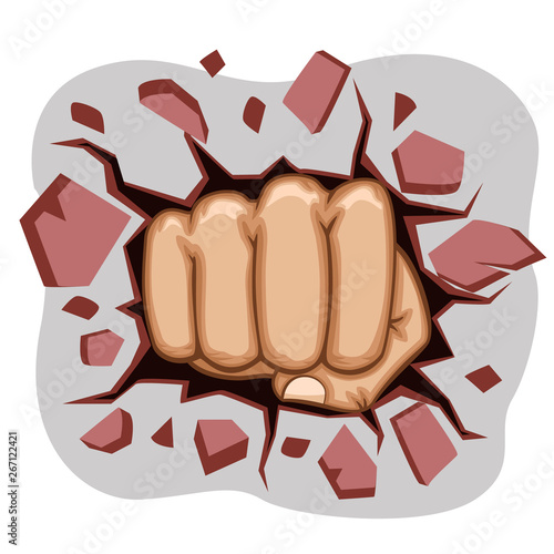 The man's fist punched a hole in the wall.