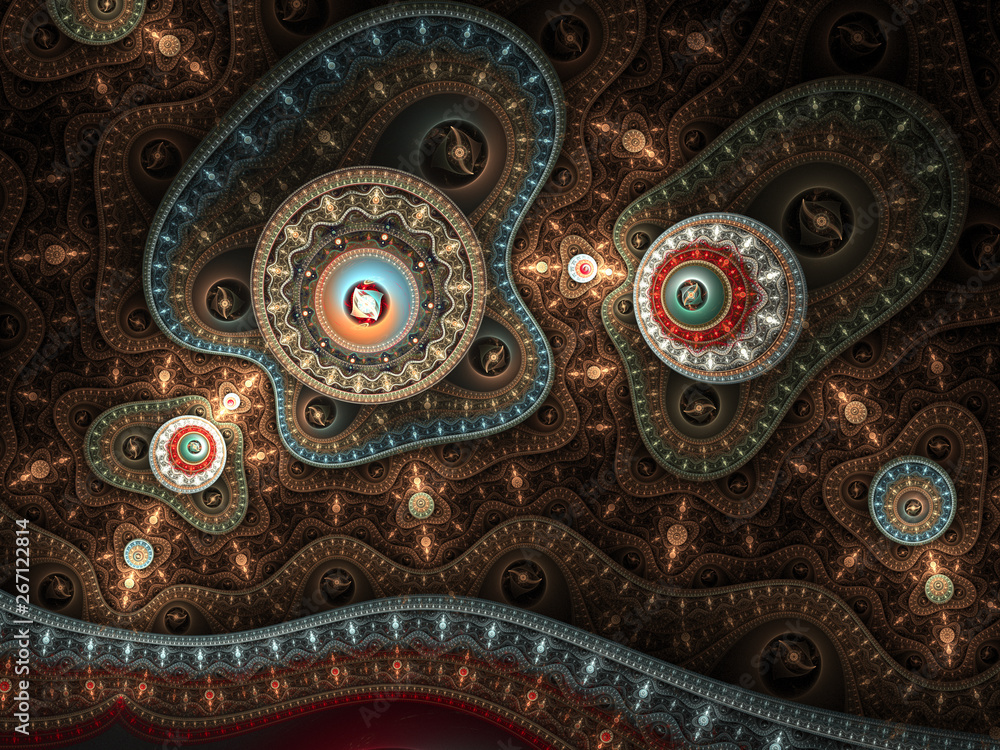 Golden fractal steampunk pattern, digital artwork for creative graphic design