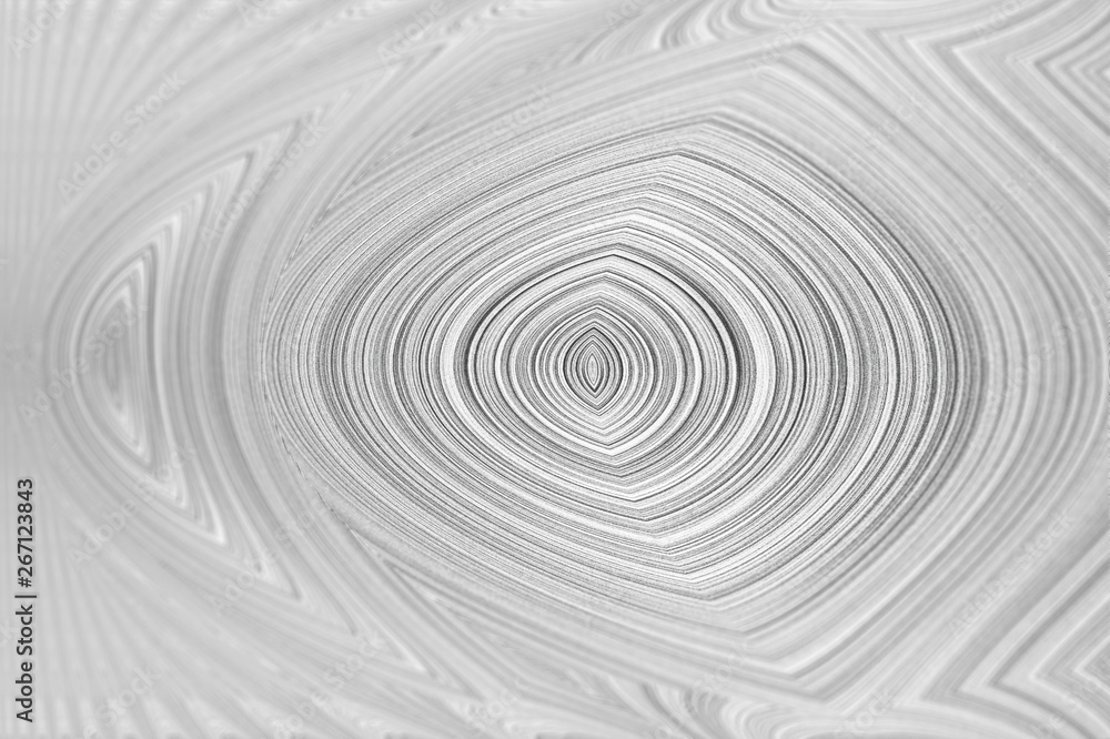 Close up of brushed spiral shape white wall texture for background. Wood texture of cutted tree trunk. In shades of gray. 3D