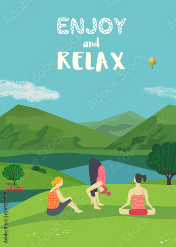 Girls traning yoga on lake bank vector color concept