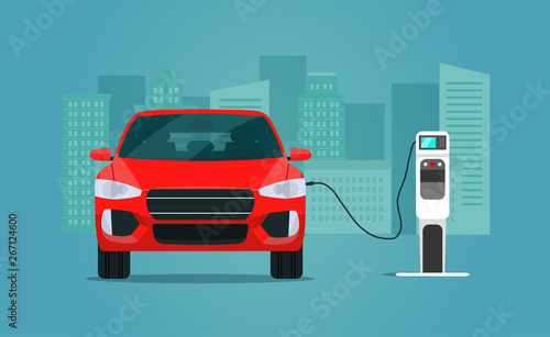 Red electric compact CUV isolated. Electric car is charging, front view. Vector flat illustration.