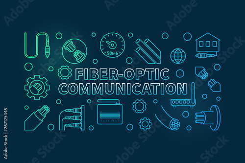 Vector Fiber-optic Communication colored linear concept horizontal illustration on dark background