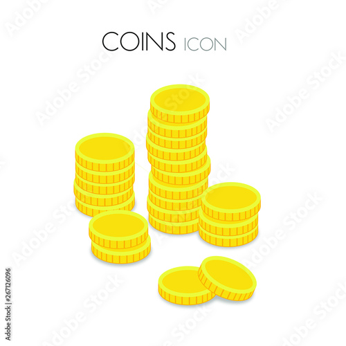 Stacks of gold coins isolated on white background, Gold coins stack isometric 3d icon vector, coins, money, cash, dollar, euro, economy, finance, pile of coins