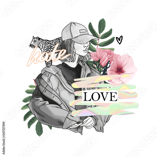 Hate love slogan with girl and rose with leopard illustration
