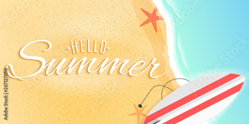 Hello summer web banner. Surfboard on the beach. Starfish and tide sea. Seasonal cover. Vector illustration.
