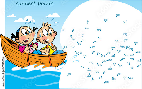 In vector illustration puzzle with cartoon children who are floating in a boat. The task is to connect the dots in order to find out who they have seen at sea.