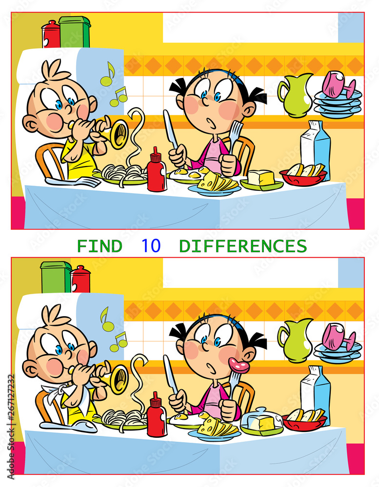 In vector illustration puzzle with children who play at the kitchen table. The task is to find ten differences between the images. In vector illustration puzzle with children who play at the kitchen table. The task is to find ten differences between the images.