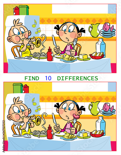 In vector illustration puzzle with children who play at the kitchen table. The task is to find ten differences between the images.