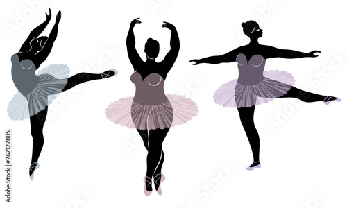 Collection. Silhouette of a cute lady, she is dancing ballet. Woman is overweight. The girl is plump and slim. Woman is ballerina, gymnast. Vector illustration set
