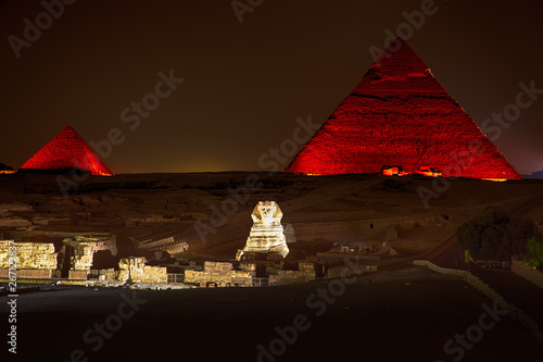 Night view on the enlighted Pyramids of Giza  Egypt