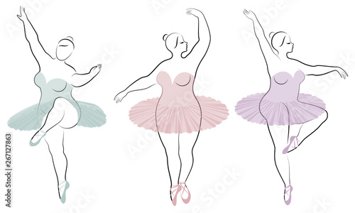 Collection. Silhouette of a cute lady, she is dancing ballet. Woman is overweight. The girl is plump and slim. Woman is ballerina, gymnast. Vector illustration set