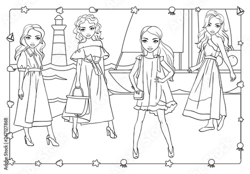 Coloring Book Of Girls On Pier Near Yacht