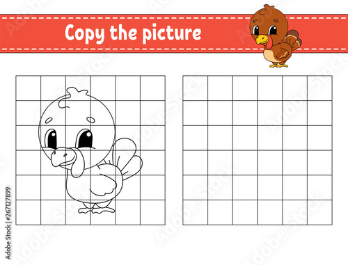 Copy the picture. Coloring book pages for kids. Education developing worksheet. Game for children. Handwriting practice. Funny character. Cute cartoon vector illustration.