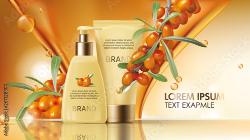 Sea buckthorn cosmetics vector realistic ads poster. Elegant packaging with cosmetic cream or lotion, branch with juicy orange seaberry, olive green leaves and flowing golden oil, magazine mockup