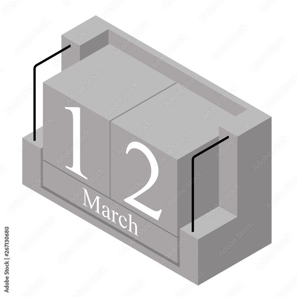 March 12th date on a single day calendar. Gray wood block calendar present date 12 and month March isolated on white background. Holiday. Season. Vector isometric illustration