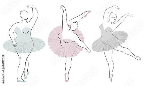 Collection. Silhouette of a cute lady, she is dancing ballet. Woman is overweight. The girl is plump and slim. Woman is ballerina, gymnast. Vector illustration set