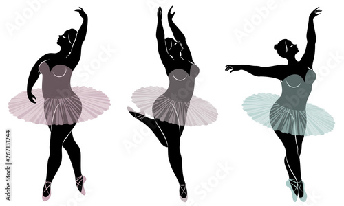 Collection. Silhouette of a cute lady, she is dancing ballet. Woman is overweight. The girl is plump and slim. Woman is ballerina, gymnast. Vector illustration set