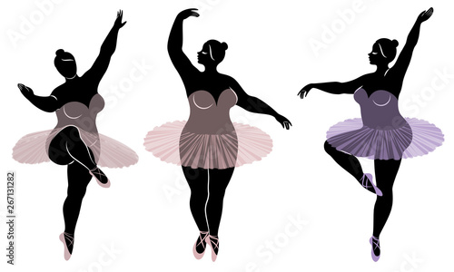 Collection. Silhouette of a cute lady, she is dancing ballet. Woman is overweight. The girl is plump and slim. Woman is ballerina, gymnast. Vector illustration set