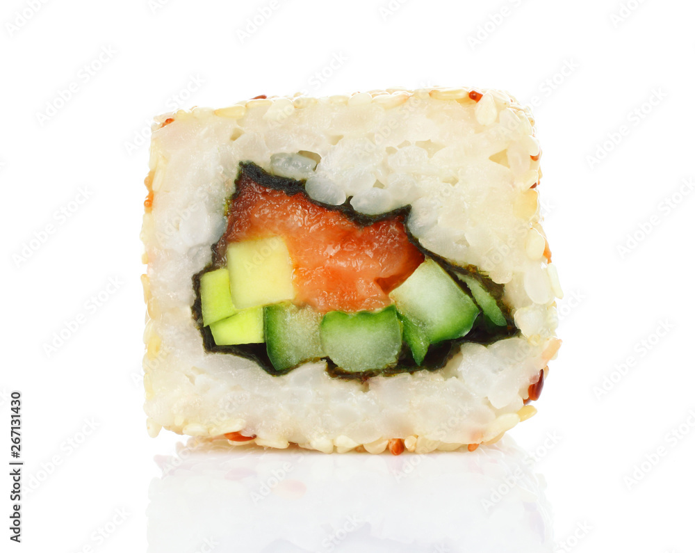 Sushi roll pieces with salmon, rice, avocado, cucumber and nori Sushi roll pieces with salmon, rice, avocado, cucumber and nori