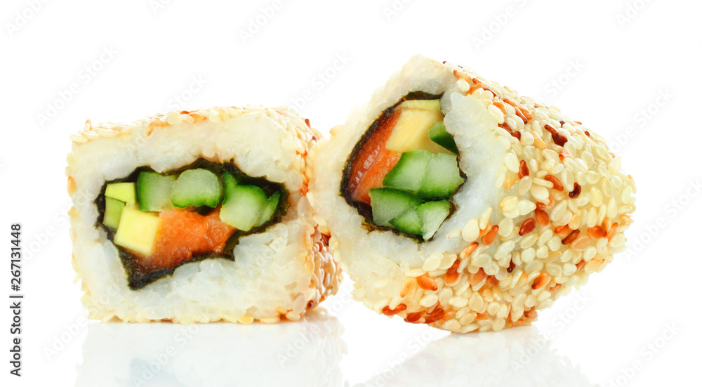 Sushi roll pieces with salmon, rice, avocado, cucumber and nori Sushi roll pieces with salmon, rice, avocado, cucumber and nori