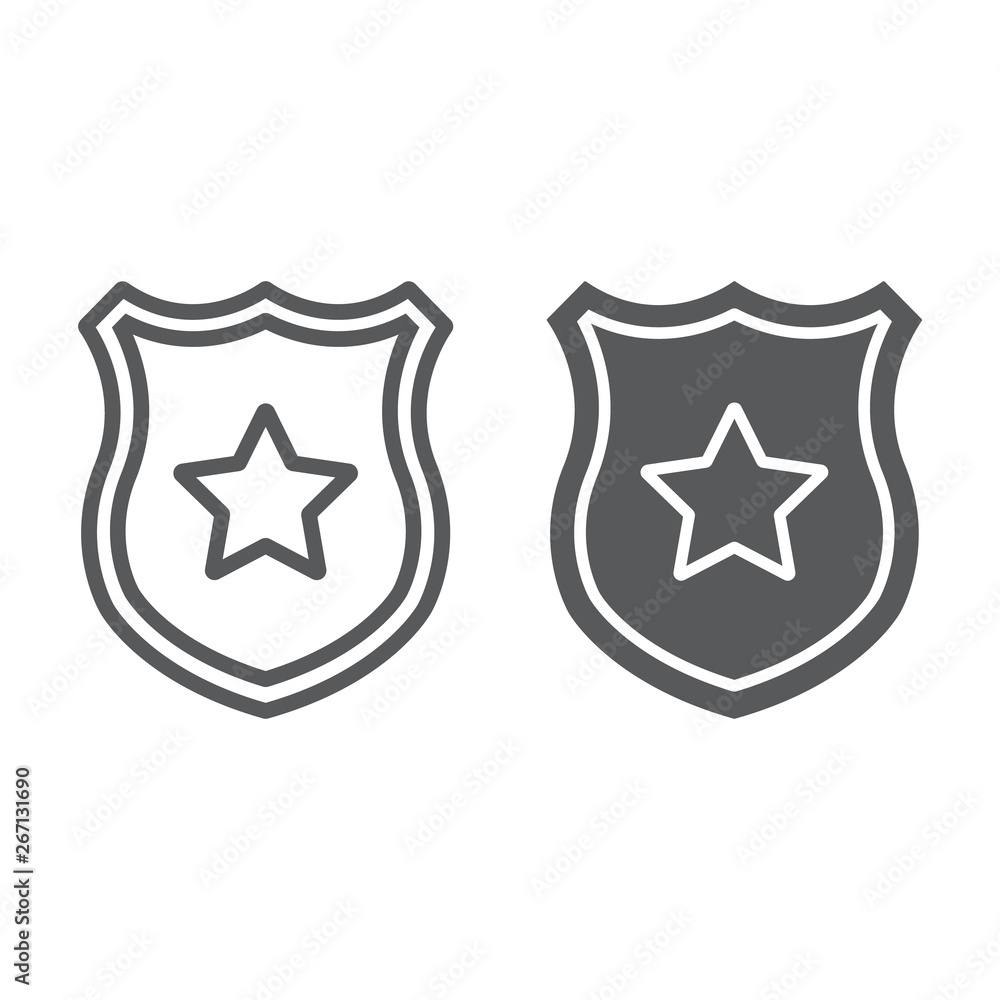 Police badge line and glyph icon, officer and law, shield with star sign, vector graphics, a linear pattern on a white background. Police badge line and glyph icon, officer and law, shield with star sign, vector graphics, a linear pattern on a white background.