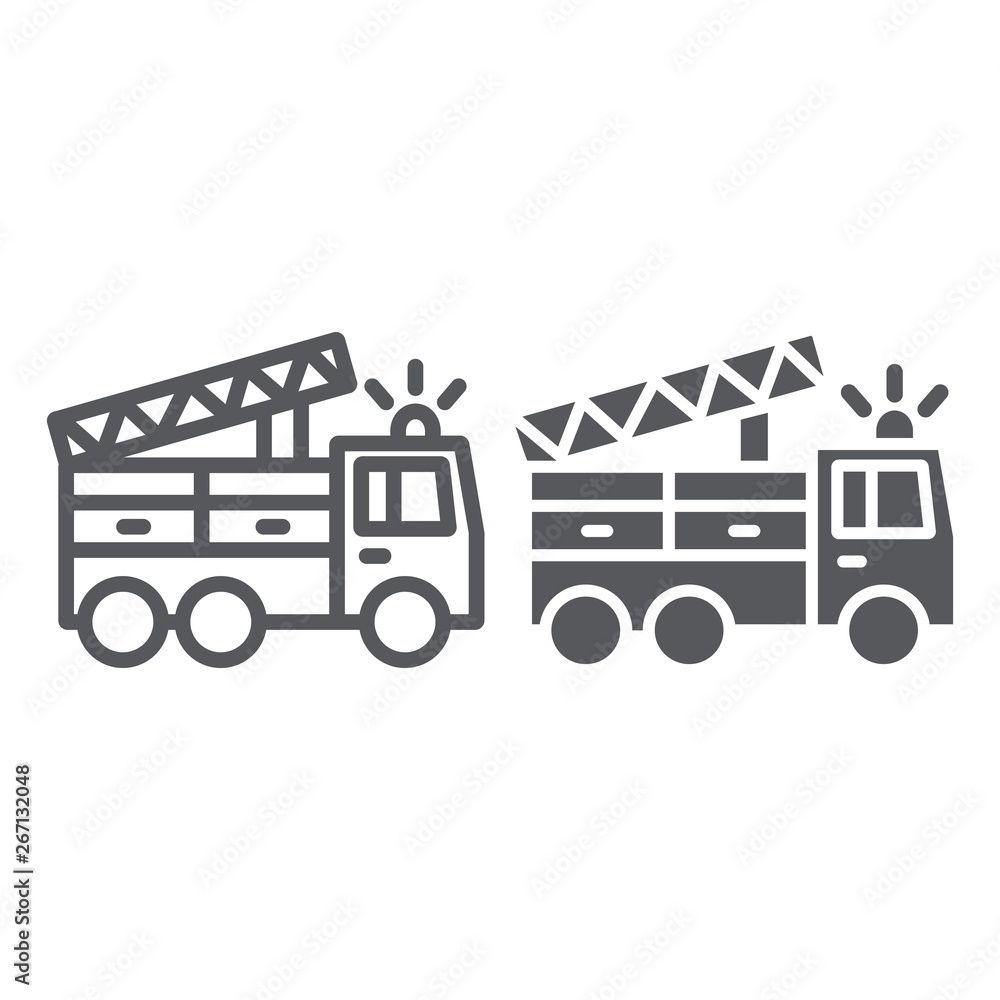 Fire truck line and glyph icon, transport and emergency, firefighter car sign, vector graphics, a linear pattern on a white background.