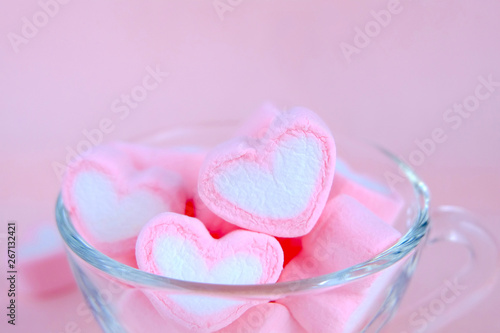 Close up marshmallow in coffee cup, Pastel background, Bakery background