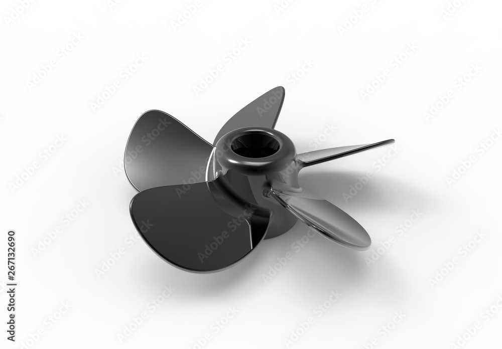 3D rendering / 3D illustration of a black water propeller isolated on white background 3D rendering / 3D illustration of a black water propeller isolated on white background