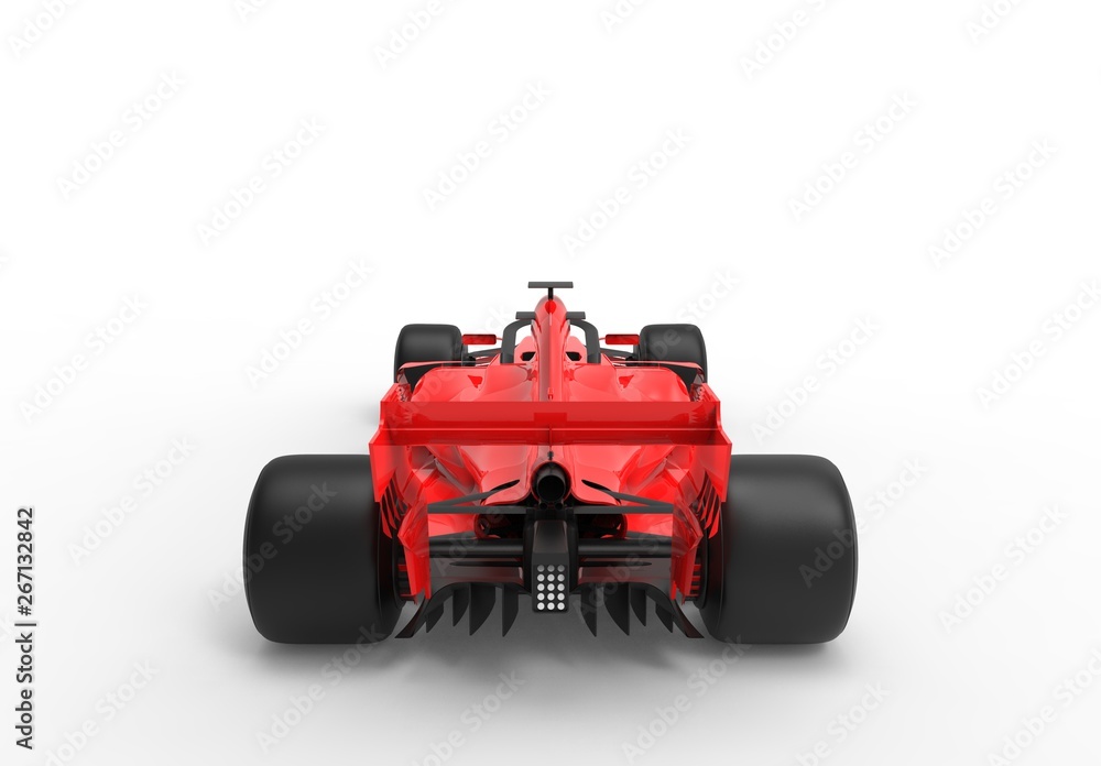Detailed close up 3D rendering illustration of the rear / back of a modern red sports race car isolated in white studio background without stickers