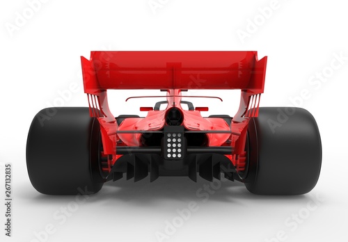 Detailed close up 3D rendering illustration of the rear / back of a modern red sports race car isolated in white studio background without stickers