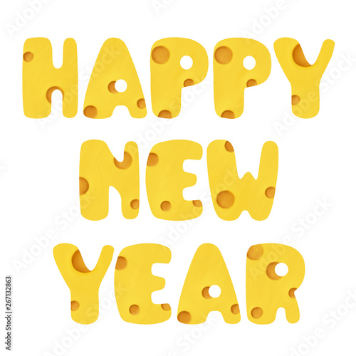 Bright cheese Happy New Year lettering. Bold colored tasty gratulations white isolated photo