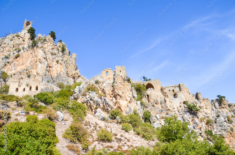 Amazing Saint Hilarion Castle in Kyrenia region, Northern Cyprus taken with blue sky above. Located on the Kyrenia mountain range, originally a monastery from 10th century