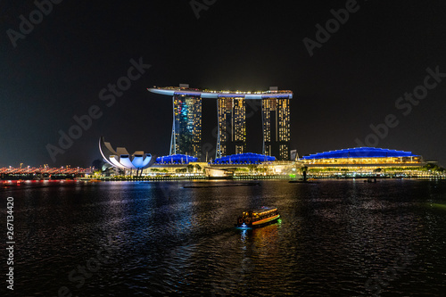 Evening view of Marina Bay Sands and the ArtScience Museum in Singapore