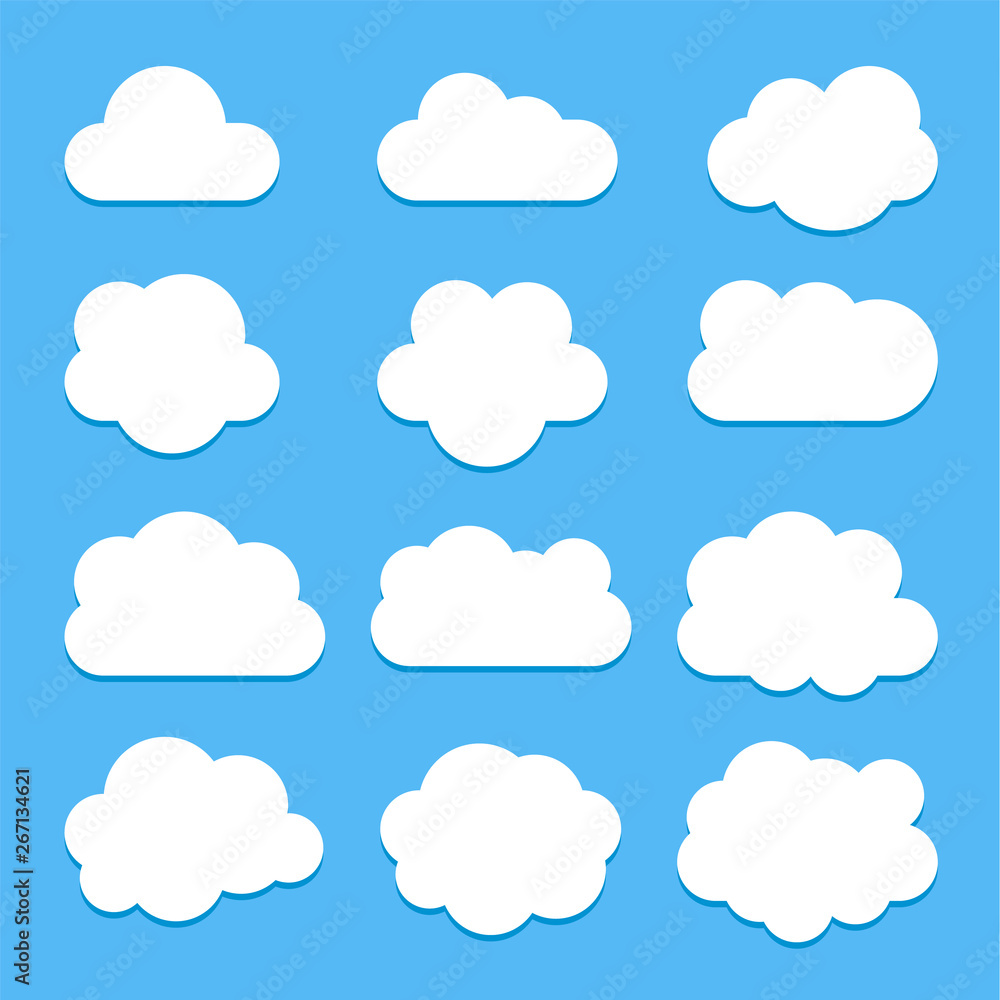 Set of white cloud icons in flat style isolated on blue background