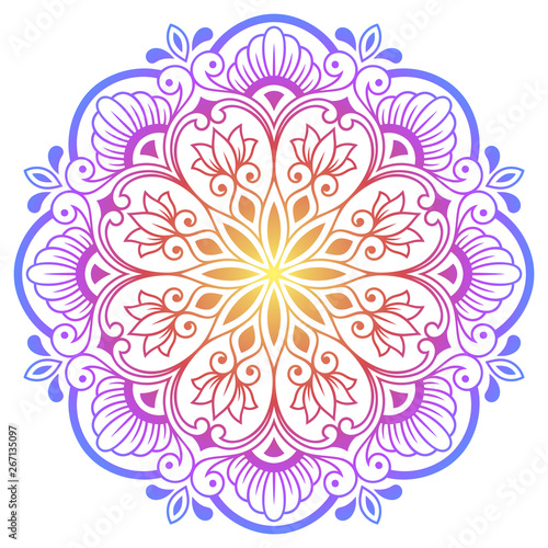 Color circular pattern in form of mandala with flower for decoration or print. Decorative ornament in ethnic oriental style. Rainbow design on white background.