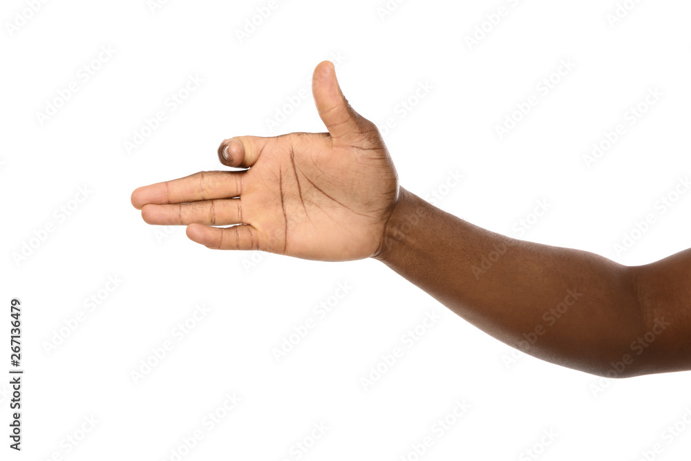 African-American man gesturing dog head on white background, closeup African-American man gesturing dog head on white background, closeup