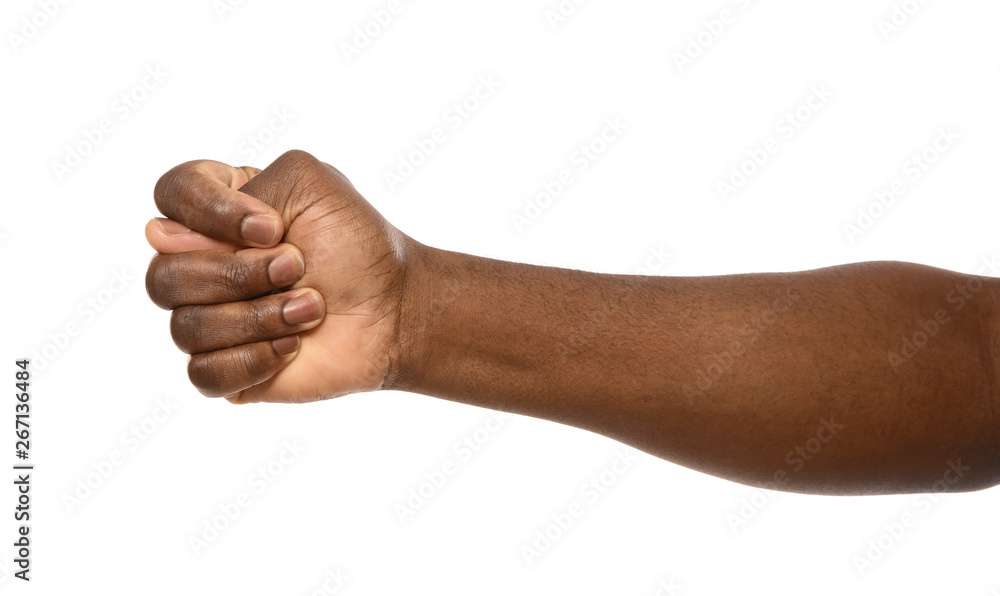 African-American man showing fig gesture on white background, closeup African-American man showing fig gesture on white background, closeup