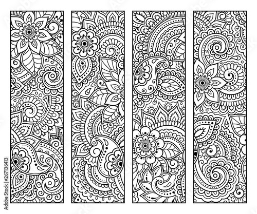 Bookmark for book - coloring. Set of black and white labels with floral doodle patterns, hand draw in mehndi style. Sketch of ornaments for creativity of children and adults with colored pencils.