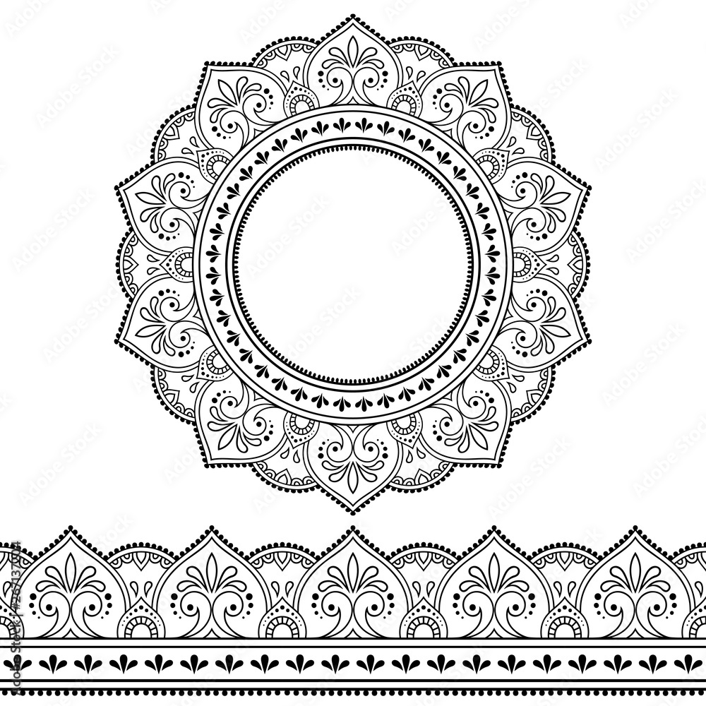 set-of-seamless-borders-and-circular-ornament-in-form-of-frame-for-design-application-of-henna-mehndi-tattoo-and-print-decorative-pattern-in-ethnic-oriental-style-stock-vector-adobe-stock