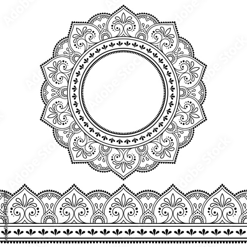 Set of seamless borders and circular ornament in form of frame for design, application of henna, Mehndi, tattoo and print. Decorative pattern in ethnic oriental style.