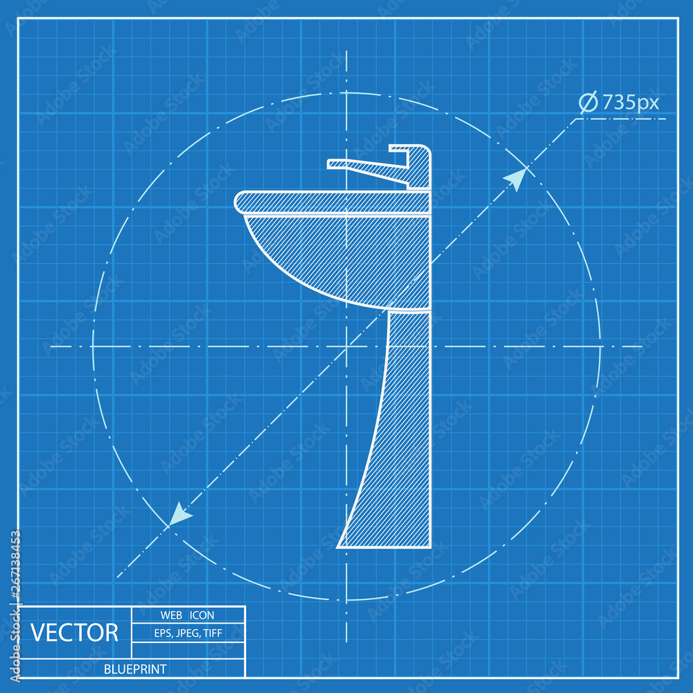 Sink with faucet illustration. Bathroom vector blueprint icon Sink with faucet illustration. Bathroom vector blueprint icon