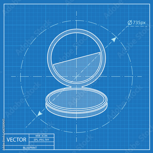 Pocket mirror illustration. Cosmetic face powder vector blueprint icon
