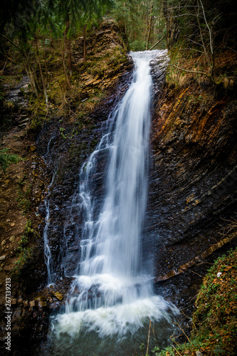 A powerful stream of water breaks from a high cliff turning into a large waterfall and smashing into drops of rocks. Around the stones covered with moss and greenery and dense green forest