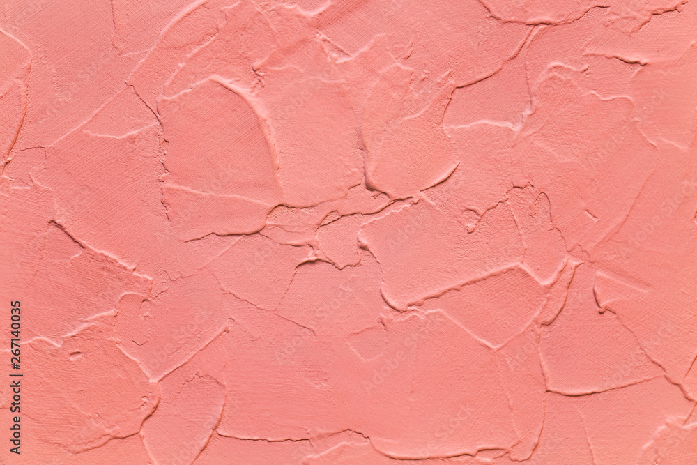 Coral red color, textured background, wavy plaster