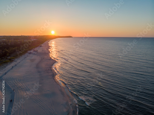 Sunset over the beach in Wladyslawowo, Poland. Baltic sea. Drone aerial HDR-photo photo