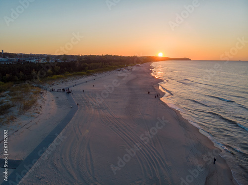 Sunset over the beach in Wladyslawowo, Poland. Baltic sea. Drone aerial HDR-photo