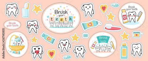 Teeth and Dentistry Elements  Stickers. Badges. Dental vector cartoons. Illustration for children dentistry and orthodontics. 